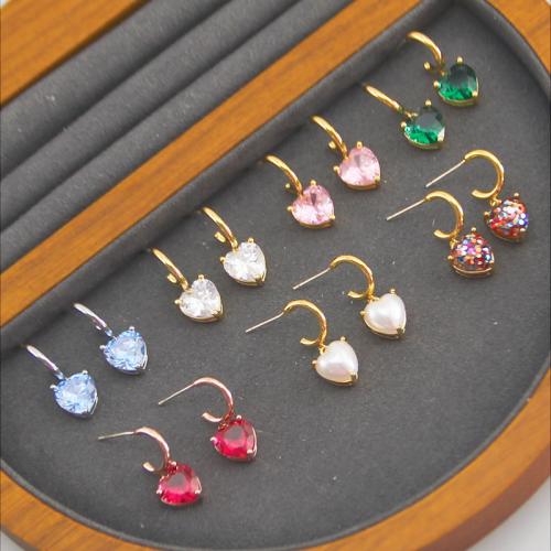 Cubic Zirconia Micro Pave Brass Earring, with Resin & Plastic Pearl, Heart, plated, different materials for choice & micro pave cubic zirconia & for woman, more colors for choice, Sold By Pair