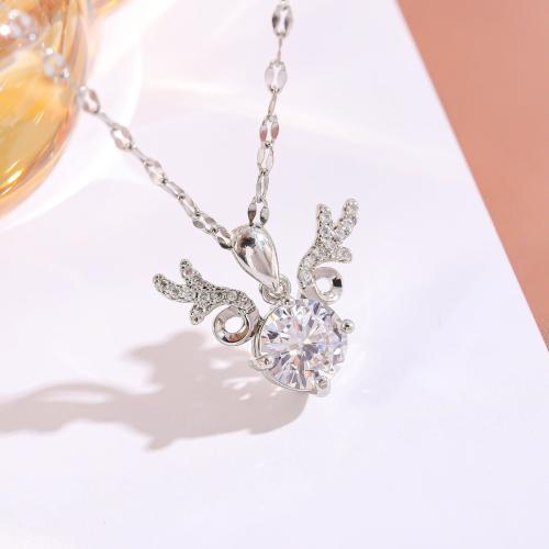 Cubic Zircon Micro Pave Brass Necklace with Titanium Steel & Crystal Antlers silver color plated fashion jewelry & micro pave cubic zirconia & for woman nickel lead & cadmium free Length Approx 41-50 cm Sold By PC
