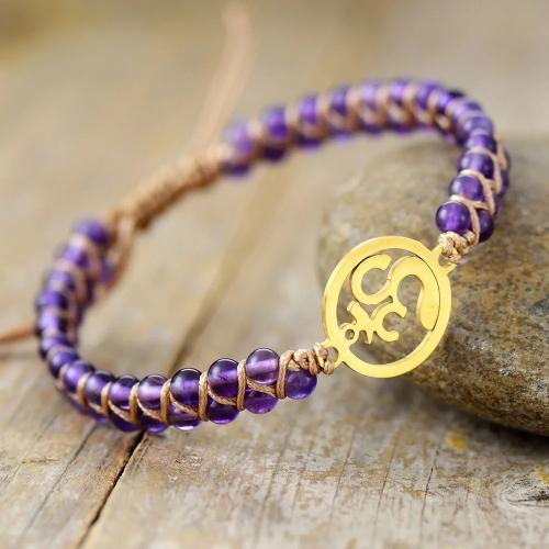 Quartz Bracelets, Amethyst, with Knot Cord & 304 Stainless Steel, with 6cm extender chain, Round, Vacuum Ion Plating, Adjustable & fashion jewelry & Unisex & hollow, more colors for choice, 4mm, Length:Approx 16 cm, Sold By PC
