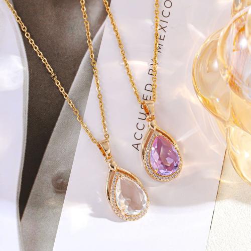 Cubic Zircon Micro Pave Brass Necklace with Titanium Steel & Crystal Teardrop gold color plated fashion jewelry & micro pave cubic zirconia & for woman nickel lead & cadmium free Length Approx 41-50 cm Sold By PC
