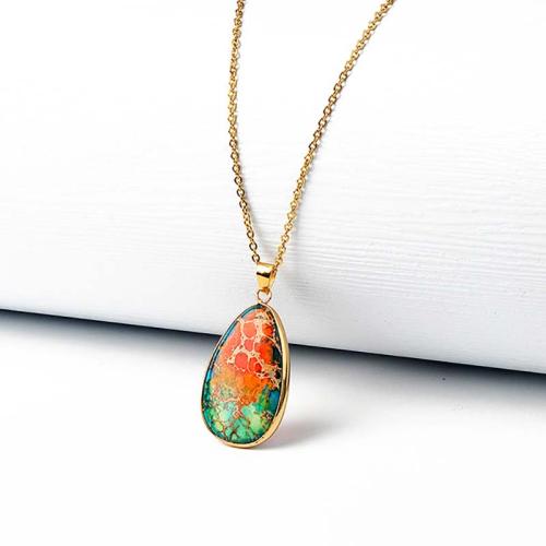 Quartz Necklace, Impression Jasper, with Brass & 304 Stainless Steel, with 5cm extender chain, Teardrop, gold color plated, fashion jewelry & Unisex, more colors for choice, 23x40mm, Length:Approx 40 cm, Sold By PC