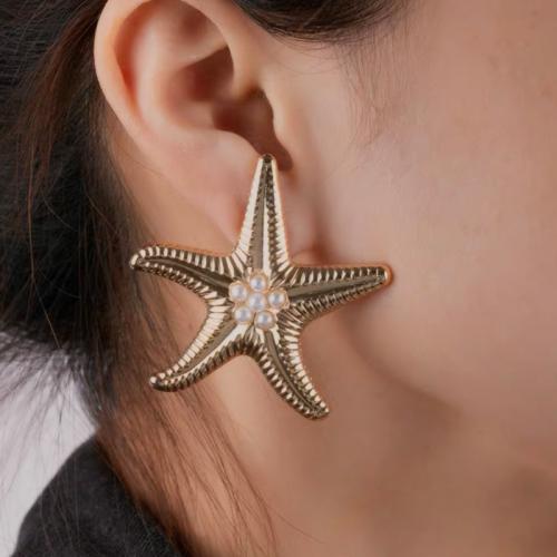 Boucle d'oreille de gaujon en acier inoxydable, Acier inoxydable 304, avec perle de plastique, étoile de mer, Placage de couleur d'or, pour femme, 40mm, Vendu par paire