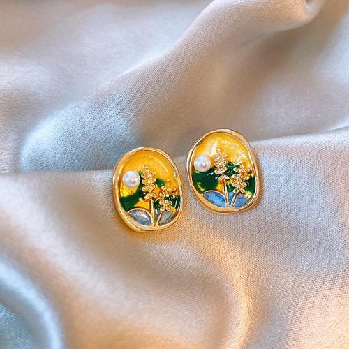 Brass Stud Earring, with ABS Plastic Pearl, plated, fashion jewelry & enamel, golden, nickel, lead & cadmium free, 16x21mm, Sold By Pair