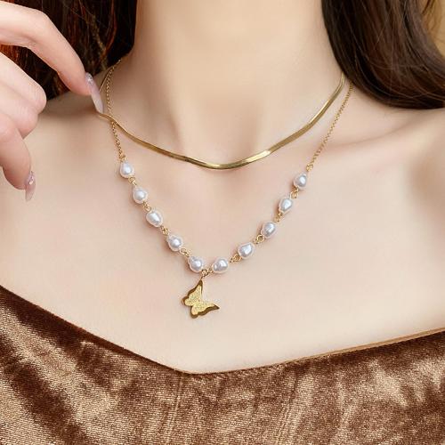 Titanstahl Halskette, mit ABS-Kunststoff-Perlen, mit Verlängerungskettchen von 7.5cm, Schmetterling, plattiert, Modeschmuck, goldfarben, Länge 37.1 cm, verkauft von PC
