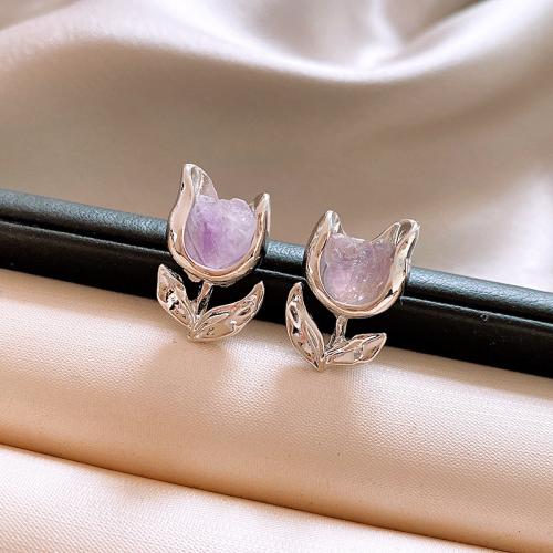 Tibetan Style Stud Earring, with Amethyst, Flower, plated, fashion jewelry, silver color, nickel, lead & cadmium free, 10x19mm, Sold By Pair