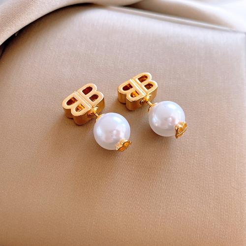 Brass Stud Earring with ABS Plastic Pearl plated fashion jewelry golden nickel lead & cadmium free Sold By Pair