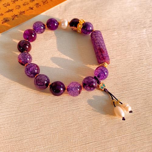 Messing-Armbänder, Messing, mit ABS-Kunststoff-Perlen & Amethyst, plattiert, Modeschmuck, violett, frei von Nickel, Blei & Kadmium, Länge:18 cm, verkauft von PC