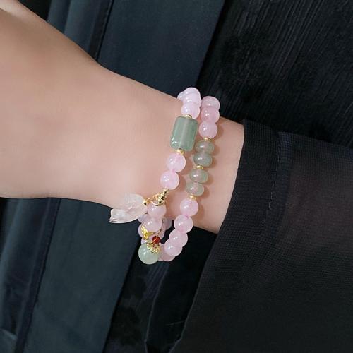 Brass Bracelet & Bangle, with Natural Stone & Rose Quartz, plated, fashion jewelry, pink, nickel, lead & cadmium free, Length:35.5 cm, Sold By PC