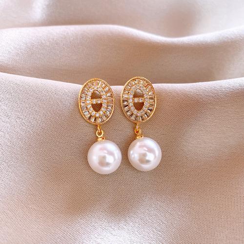 Cubic Zirconia Micro Pave Brass Earring with ABS Plastic Pearl plated fashion jewelry & micro pave cubic zirconia golden nickel lead & cadmium free Sold By Pair