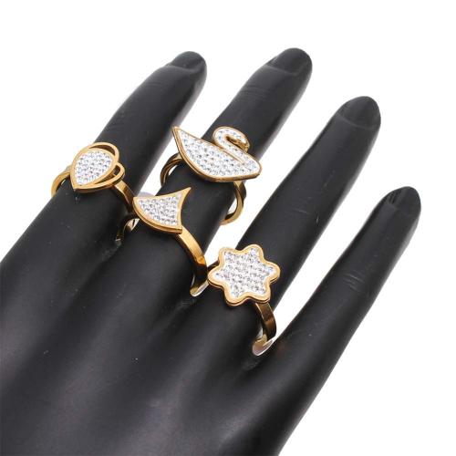 Rhinestone Stainless Steel Finger Ring, 304 Stainless Steel, plated, fashion jewelry & different designs for choice & with rhinestone, golden, Box size: 19x13x35cm, ring ring number mixed 16-20, 36PCs/Box, Sold By Box