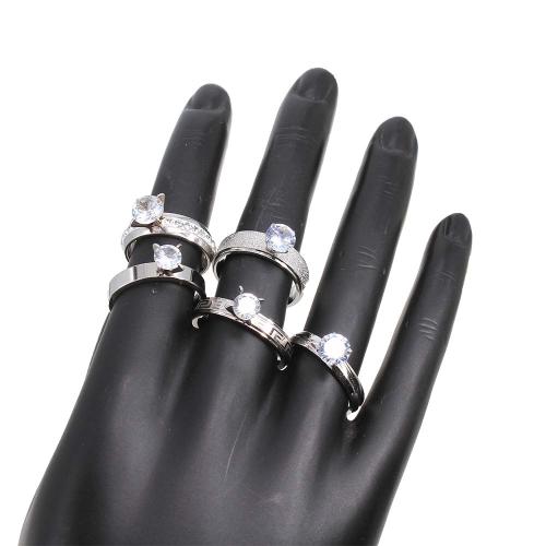 Rhinestone Stainless Steel Finger Ring, 304 Stainless Steel, plated, fashion jewelry & different designs for choice & with rhinestone, silver color, Box size: 19x13x35cm, ring size: 4mm and 6mm, ring ring number mixed 16-20, 36PCs/Box, Sold By Box