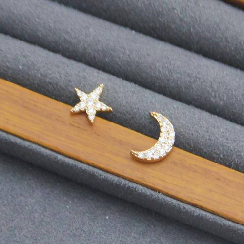 Cubic Zirconia Micro Pave Brass Earring, Moon and Star, plated, different styles for choice & micro pave cubic zirconia & for woman, golden, Sold By Pair