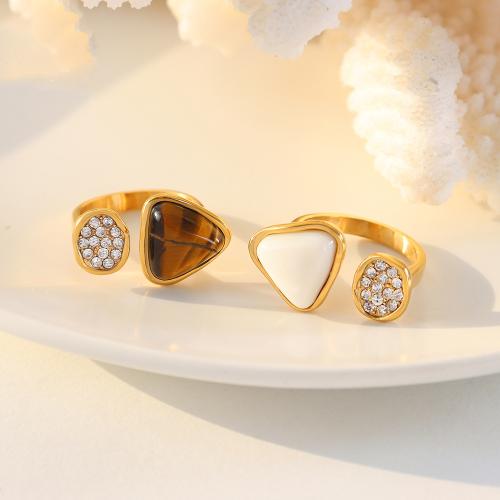 Titanium Steel Finger Ring with Tiger Eye & Freshwater Shell fashion jewelry & micro pave cubic zirconia & for woman US Ring Sold By PC