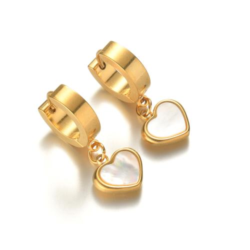 Huggie Hoop Drop Earring, 304 Stainless Steel, with Shell, Heart, fashion jewelry & for woman, golden, Sold By Pair