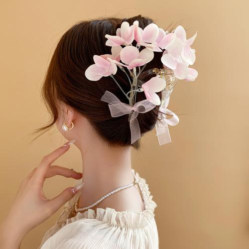 Κλιπ νυχιών μαλλιών, Ακρυλικό, με Μεταξωτό λουλούδι, Λουλούδι, κοσμήματα μόδας, ροζ, 41x127mm, Sold Με PC