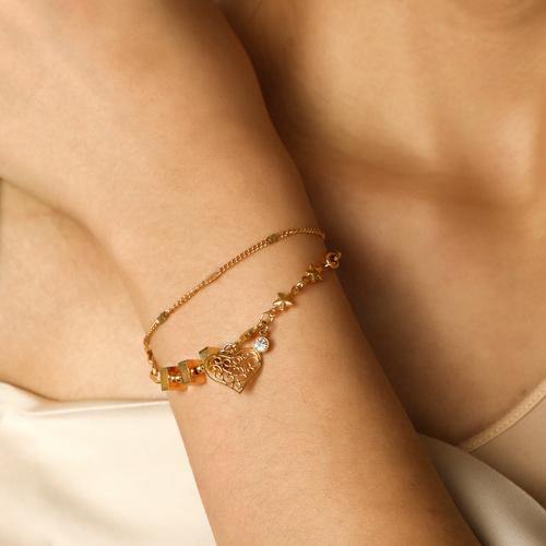 Bijoux bracelet en acier inoxydable, Acier inoxydable 304, avec 65mm chaînes de rallonge, coeur, Placage, bijoux de mode & avec strass, doré, Longueur:165 mm, Vendu par PC