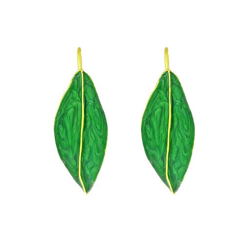 Tibetan Style Drop Earrings, Leaf, plated, fashion jewelry & enamel, green, nickel, lead & cadmium free, 15x43mm, Sold By Pair