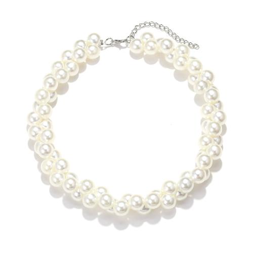 Collar de perlas de plástico, aleación de zinc, con Perlas plásticas, con 6cm extender cadena, chapado, Joyería, Blanco, libre de níquel, plomo & cadmio, longitud 40 cm, Vendido por UD