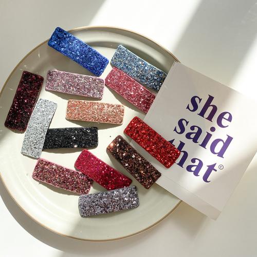 Hair Snap Clips, Tibetan Style, with glitter leather, Square, handmade, Girl, more colors for choice, 60mm, Sold By PC
