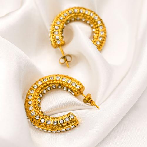 Stainless Steel Stud Earrings, 304 Stainless Steel, 18K gold plated, fashion jewelry & micro pave cubic zirconia & for woman, golden, 29x24mm, Sold By Pair
