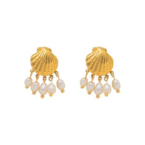 Stainless Steel Stud Earrings, 304 Stainless Steel, with Plastic Pearl, 18K gold plated, fashion jewelry & for woman, golden, 27x20mm, Sold By Pair
