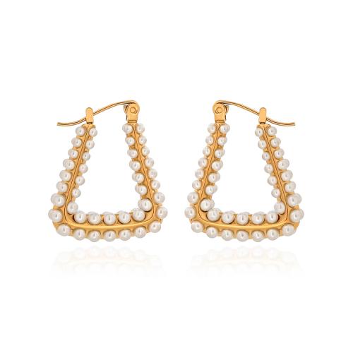 Stainless Steel Lever Back Earring, 316 Stainless Steel, with Plastic Pearl, 18K gold plated, fashion jewelry & for woman, golden, 26x22mm, Sold By Pair