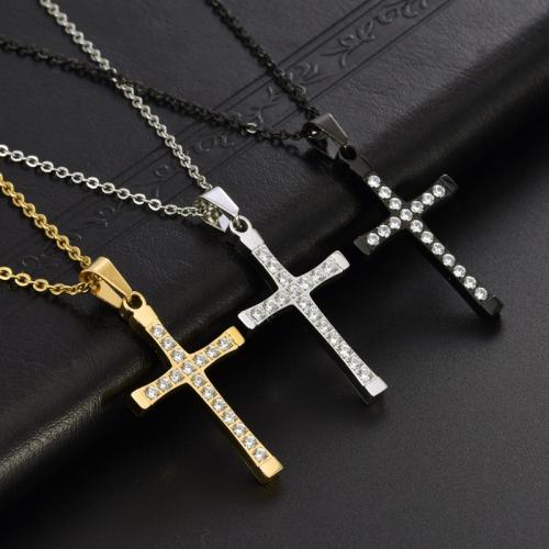 Stainless Steel Jewelry Necklace 304 Stainless Steel Cross polished & for woman & with rhinestone Length Approx 60 cm Sold By PC