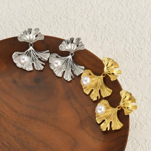 Stainless Steel Drop Earring 304 Stainless Steel with Plastic Pearl Ginkgo Leaf fashion jewelry & for woman Sold By Pair