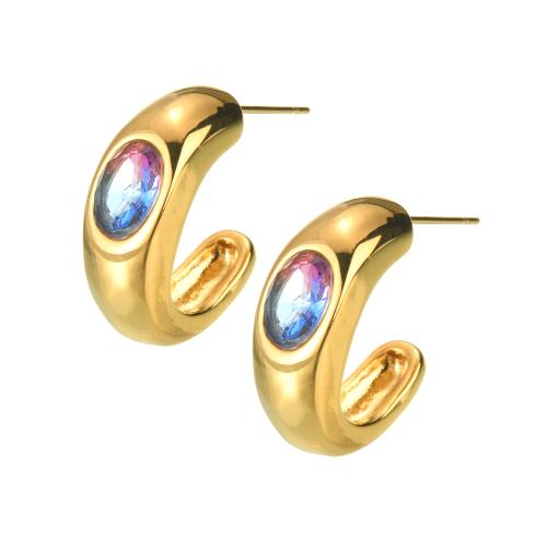 Stainless Steel Stud Earrings, 304 Stainless Steel, 18K gold plated, fashion jewelry & micro pave cubic zirconia & for woman, golden, 22x8mm, Sold By Pair