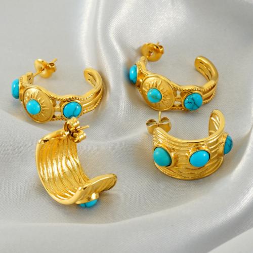 Stainless Steel Stud Earrings, 304 Stainless Steel, with turquoise, 18K gold plated, fashion jewelry & different styles for choice & for woman, golden, Sold By Pair