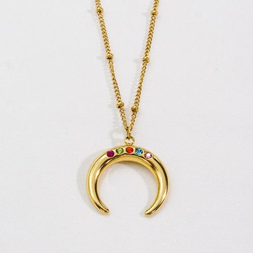 Stainless Steel Jewelry Necklace, 304 Stainless Steel, with 5cm extender chain, Moon, Vacuum Ion Plating, fashion jewelry & micro pave cubic zirconia & for woman, golden, 22x25mm, Length:Approx 40 cm, Sold By PC