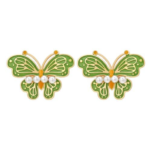Tibetan Style Stud Earring, with Plastic Pearl, Butterfly, plated, fashion jewelry & enamel, more colors for choice, nickel, lead & cadmium free, 25x34mm, Sold By Pair
