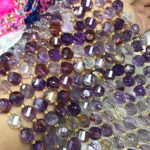 Naturliga Quartz smycken pärlor, Lila + Rutilated + Quartz, polerad, DIY & fasetterad, purpur, 9x10mm, Såld Per Ca 38-40 cm Strand
