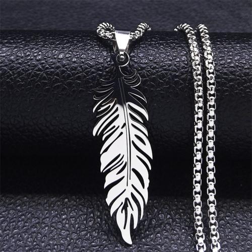 Stainless Steel Jewelry Necklace, 304 Stainless Steel, Feather, polished, fashion jewelry & Unisex, silver color, 45x15mm, Length:Approx 50 cm, Sold By PC