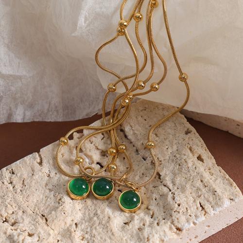 Collier d'acier titane, avec aventurine vert, avec 5cm chaînes de rallonge, Placage, bijoux de mode, doré, Longueur:40 cm, Vendu par PC