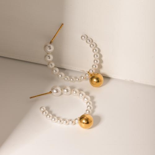 Edelstahl Ohrringe, 304 Edelstahl, mit ABS-Kunststoff-Perlen, plattiert, Modeschmuck, goldfarben, 7.90x28mm, verkauft von Paar