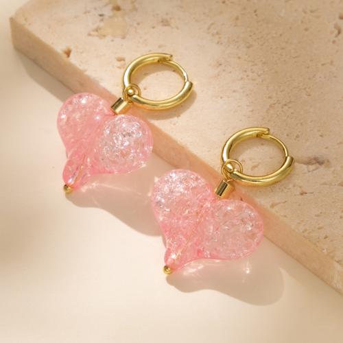 Boucles d'oreilles en alliage de zinc, avec résine, coeur, bijoux de mode & pour femme, rose, 31x19mm, Vendu par paire