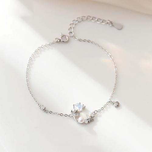 925 Sterling Silver Bangle Bracelet with Moonstone & Shell Pearl with 4CM extender chain micro pave cubic zirconia & for woman platinum color Length Approx 15.5 cm Sold By PC