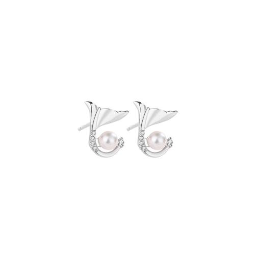 Zircon cubique Micro Pave d'oreille en argent sterling, argent sterling 925, avec Shell Pearl, pavé de micro zircon & pour femme, couleur platine, 9.30mm, Vendu par paire