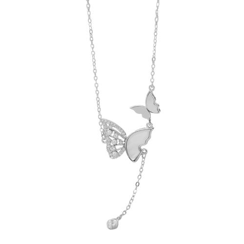 Cubic Zircon Micro Pave 925 Sterling Silver Necklace with Shell Pearl & White Shell with 5CM extender chain Butterfly micro pave cubic zirconia & for woman Length Approx 40 cm Sold By PC