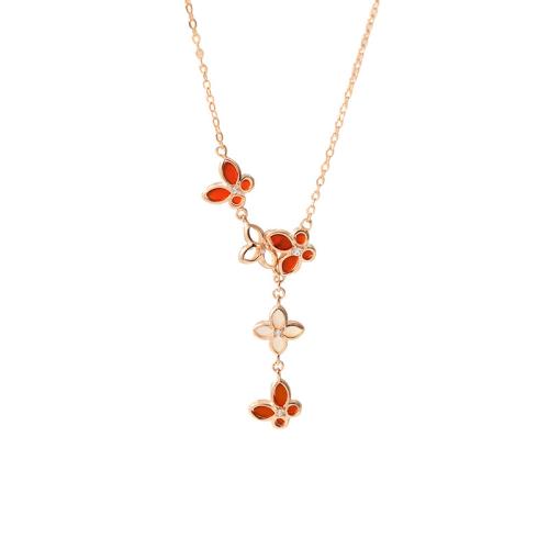 Cubic Zircon Micro Pave 925 Sterling Silver Necklace, with Red Agate & White Shell, with 5CM extender chain, micro pave cubic zirconia & for woman, rose gold color, Length:Approx 40 cm, Sold By PC