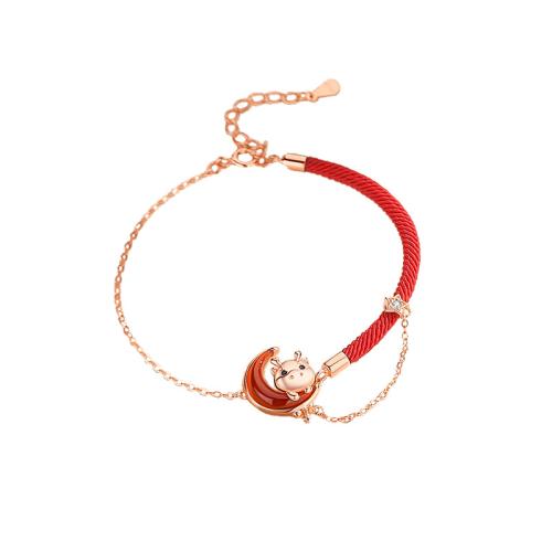 925 Sterling Silver Bangle Bracelet, with Wax Cord & Red Agate, with 4CM extender chain, micro pave cubic zirconia & for woman & epoxy gel, rose gold color, Length:Approx 15.5 cm, Sold By PC