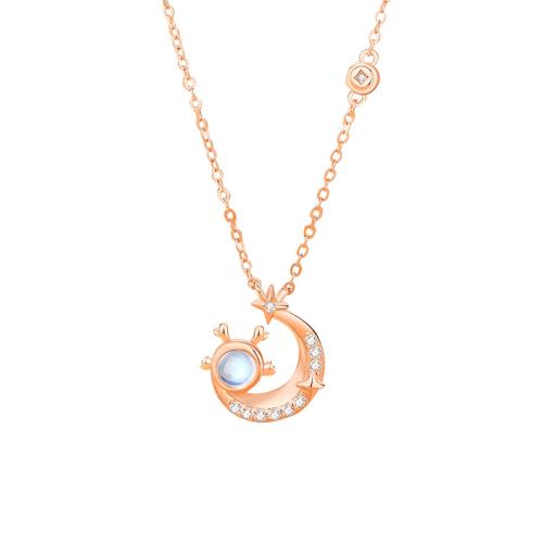 Cubic Zircon Micro Pave 925 Sterling Silver Necklace, with Moonstone, with 5CM extender chain, micro pave cubic zirconia & for woman, rose gold color, Length:Approx 40 cm, Sold By PC