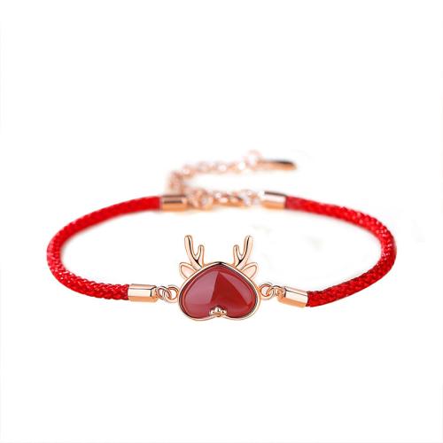Bracelets en argent sterling, argent sterling 925, avec corde de cire & agate rouge, avec 4CM chaînes de rallonge, pour femme, couleur or rose, Longueur:Environ 16 cm, Vendu par PC