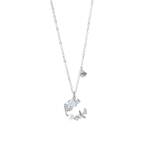 Cubic Zircon Micro Pave 925 Sterling Silver Necklace, with Moonstone & Shell Pearl, with 5CM extender chain, micro pave cubic zirconia & for woman, platinum color, Length:Approx 40 cm, Sold By PC