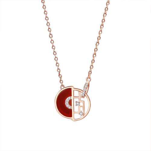 Cubic Zircon Micro Pave 925 Sterling Silver Necklace, with Red Agate, with 5CM extender chain, micro pave cubic zirconia & for woman, rose gold color, Length:Approx 40 cm, Sold By PC