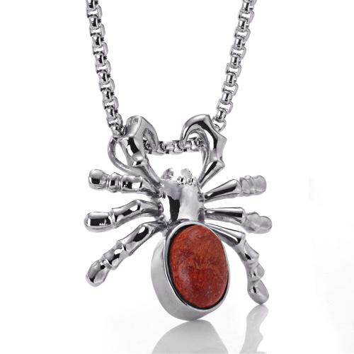 Stainless Steel Animal Pendants, 316L Stainless Steel, with Coral, Spider, polished, fashion jewelry & DIY, red, 43x34mm, Sold By PC