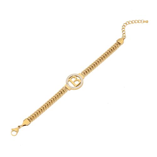 304 Stainless Steel Bracelet, with 1.6inch extender chain, Alphabet Letter, gold color plated, different styles for choice & for woman & with rhinestone & hollow, Length:Approx 6.7 Inch, Sold By PC