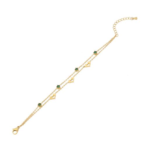 304 Stainless Steel Bracelet with Glass Rhinestone with 1.6inch extender chain gold color plated Double Layer & for woman Length Approx 6.3 Inch Sold By PC