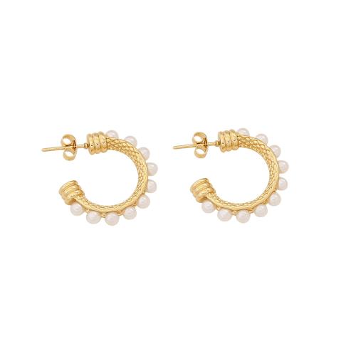 304 Stainless Steel Drop Earring, with Plastic Pearl, gold color plated, different styles for choice & for woman & with rhinestone, Sold By Pair
